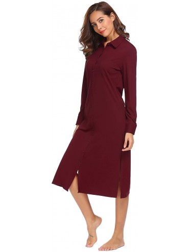 Nightgowns & Sleepshirts Womens 1 Piece Long Sleeve Nightgown Pajama Top Buttom Down Sleep Shirt Dress - Red - CN187LQC3IW $3...