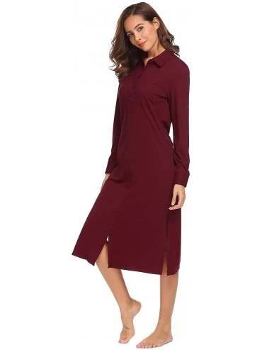 Nightgowns & Sleepshirts Womens 1 Piece Long Sleeve Nightgown Pajama Top Buttom Down Sleep Shirt Dress - Red - CN187LQC3IW $2...