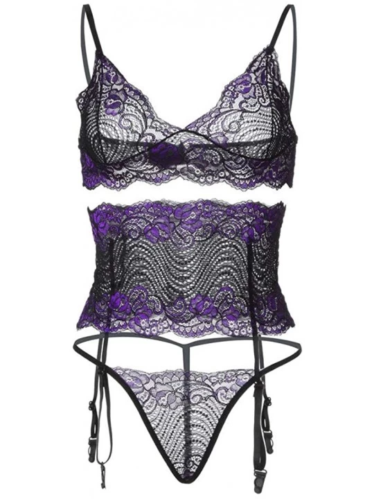 Garters & Garter Belts 2020 New Lingerie for Women-Perspective Eyelash Lace Mesh Sexy Underwear Bra Suit - Purple - CA192AZ96...