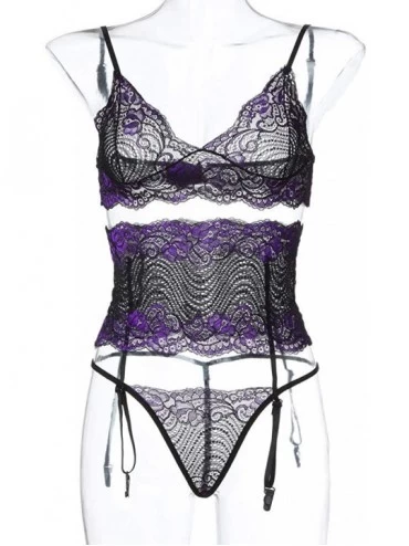 Garters & Garter Belts 2020 New Lingerie for Women-Perspective Eyelash Lace Mesh Sexy Underwear Bra Suit - Purple - CA192AZ96...
