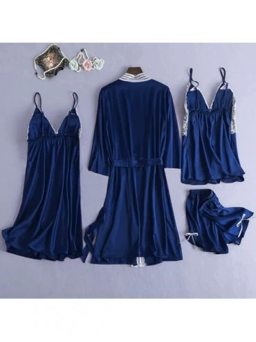 Sets Womens Sexy Satin Pajamas Set 5pcs Nightgown with Robe Set Sexy Lace Lingerie Pjs Loungewear Home Clothes - B-navy (4 Pc...