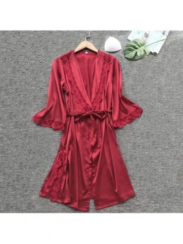 Robes 2PC Sexy Sleepwear Lingerie Lace Temptation Bathrobe with Belt Nightdress Robe for Women - Red - CB198HM8S0H $12.87