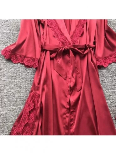 Robes 2PC Sexy Sleepwear Lingerie Lace Temptation Bathrobe with Belt Nightdress Robe for Women - Red - CB198HM8S0H $12.87