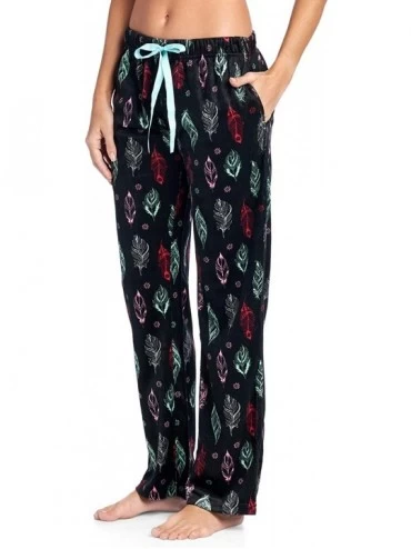 Bottoms Women's Plush Mink Fleece Pajama Sleep Pants - Black Turquoise Boho Feather - CK18E543QNY $17.18