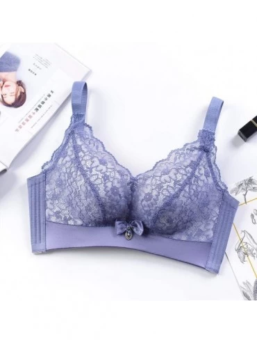 Bras Women's Sexy Soft Lace Lingerie Set Push up Underwear Floral Lace Wireless Sheer Bra and Panty Set - Blue Only Bra - CL1...