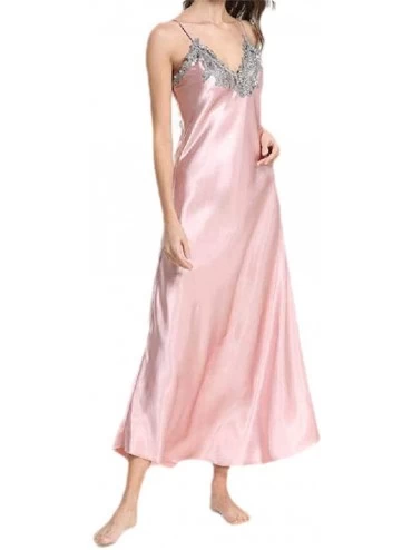 Nightgowns & Sleepshirts Women Sexy Sling Lace Patchwork V Neck Charmeuse Soft Sleeping Dress - Pink - CH199SODOTE $22.32