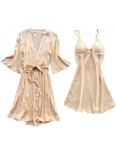 Slips Women Stain Lace Silk Lingerie Nightdress Robe Pajamas Bathrobe Sleepwear Set - Khaki - CA18YYSEDI0 $16.64