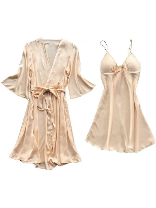 Slips Women Stain Lace Silk Lingerie Nightdress Robe Pajamas Bathrobe Sleepwear Set - Khaki - CA18YYSEDI0 $16.64