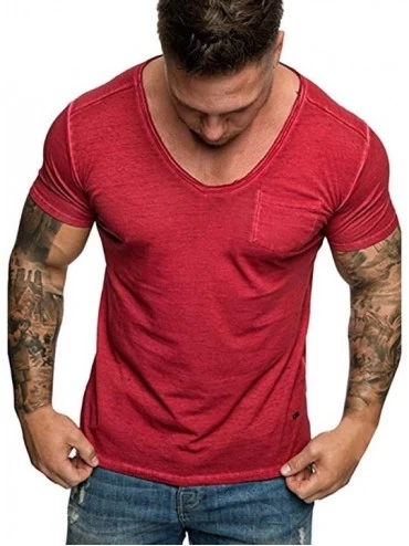Thermal Underwear Fashion T Shirt Men Summer V Neck Casual Top Slim Short Sleeve Blouse - B Red - CJ18QW066L0 $43.87