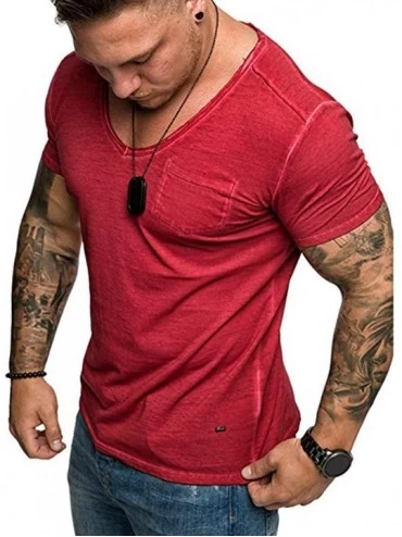 Thermal Underwear Fashion T Shirt Men Summer V Neck Casual Top Slim Short Sleeve Blouse - B Red - CJ18QW066L0 $23.67