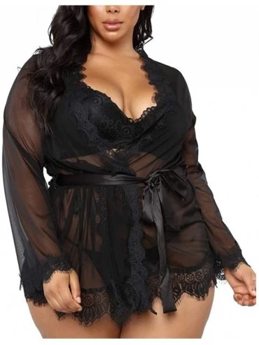 Baby Dolls & Chemises Women Lingerie Open Front Babydoll Lace Chemise Sleepwear Sheer Mesh Robe with Belt and Thong - Black -...
