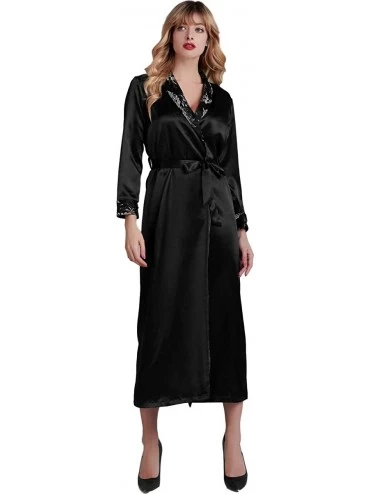 Robes Women's Nightgowns- Elegant Kimono Robe Satin Bathrobe Lace V-Neck Sleepwear - Black - CW197YMR9SL $26.69