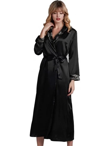 Robes Women's Nightgowns- Elegant Kimono Robe Satin Bathrobe Lace V-Neck Sleepwear - Black - CW197YMR9SL $26.69