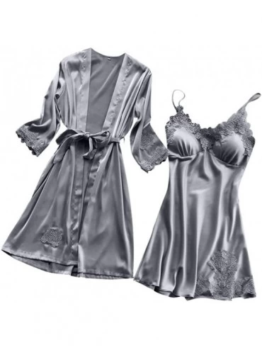 Baby Dolls & Chemises Sleepwear Lingerie Women Satin Robe Dress Babydoll Nightdress Kimono Set XS Gray - C418MENNSLQ $33.96