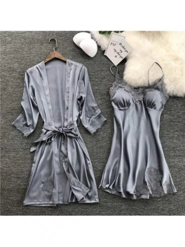 Baby Dolls & Chemises Sleepwear Lingerie Women Satin Robe Dress Babydoll Nightdress Kimono Set XS Gray - C418MENNSLQ $21.73