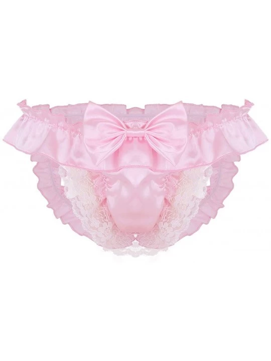 G-Strings & Thongs Men's Satin Frilly Jockstraps Sissy G-String Thongs Bugle Pouch Panties Bikini Briefs Underwear - Pink - C...