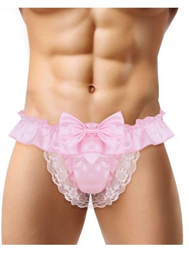 G-Strings & Thongs Men's Satin Frilly Jockstraps Sissy G-String Thongs Bugle Pouch Panties Bikini Briefs Underwear - Pink - C...