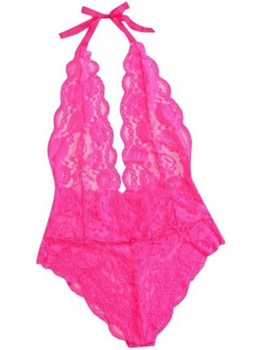 Bustiers & Corsets Women Sexy Lace Deep V-Neck Jumpsuit Lingerie Romper Backless Bodysuit Sleepwear - Hot Pink - CX194DSEC7A ...