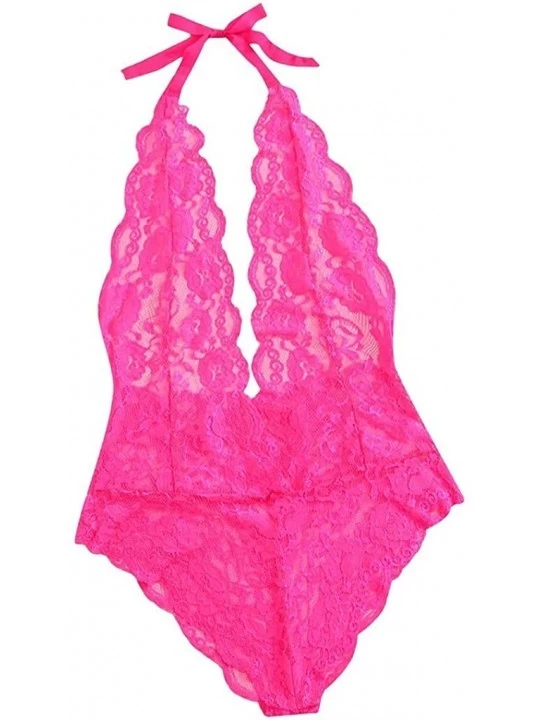 Bustiers & Corsets Women Sexy Lace Deep V-Neck Jumpsuit Lingerie Romper Backless Bodysuit Sleepwear - Hot Pink - CX194DSEC7A ...
