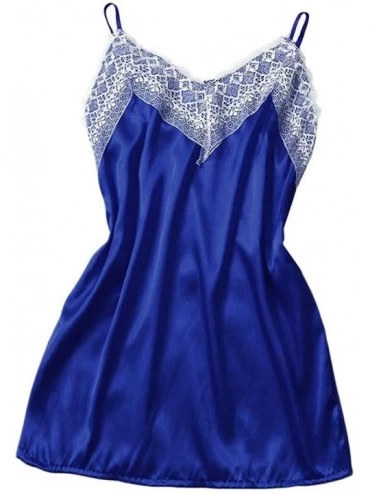 Robes New Women Lace Satin Silk Sleepwear V-Neck Lingerie Pajamas Nightdress Underwear - Blue - CY194L8OWYM $11.99