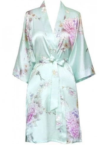 Robes Women's Satin Kimono Robe Short - Floral - Chrysanthemum & Crane - Mist - CU18XNNWSQ7 $25.30