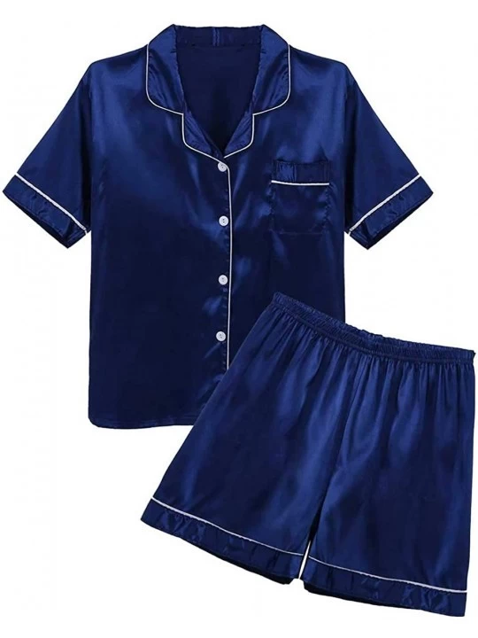 Sleep Sets Men's Classic Silky Satin Pajama Set Short Sleeves Shirt with Boxer Shorts Sleepwear Loungewear - Navy Blue - C019...