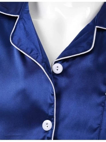 Sleep Sets Men's Classic Silky Satin Pajama Set Short Sleeves Shirt with Boxer Shorts Sleepwear Loungewear - Navy Blue - C019...