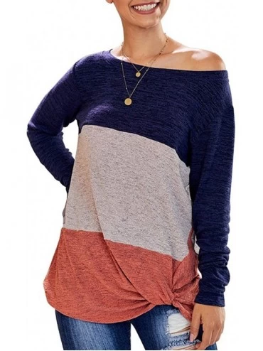 Tops Women Long Sleeve Round Neck Blouse Color Block Striped Casual Tops T Shirt - Twist Navy - CR18YL37YYG $15.36