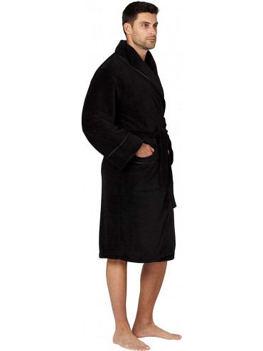 Robes Mens Solid Cozy Plush Robe with Satin Trim - Black - CB18IZK7I5H $51.86