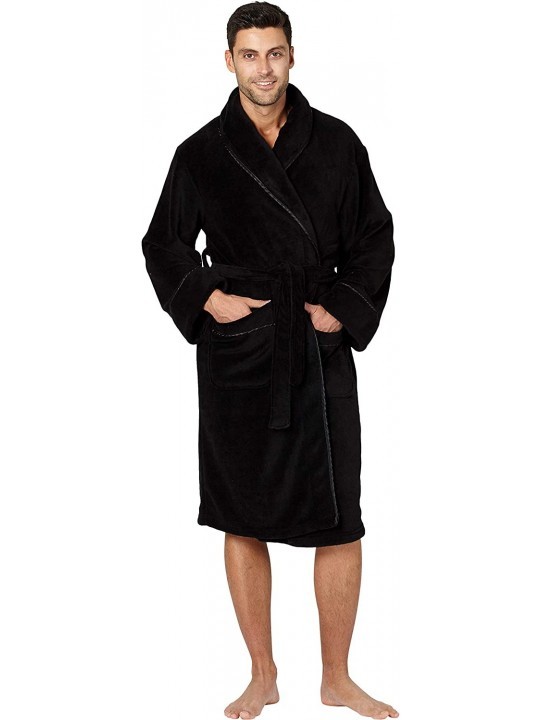 Mens Solid Cozy Plush Robe with Satin Trim - Black - CB18IZK7I5H