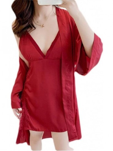 Robes Women Sexy 2 PCS Outfits Bathrobe Sleepdress Lace Loungewear Robe Nightgown Pajama - Wine Red - CT19CSRYS24 $70.93
