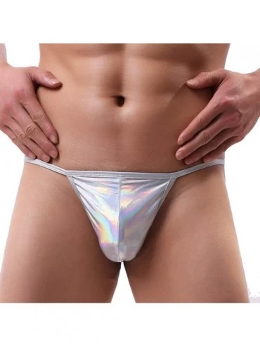 G-Strings & Thongs Mens Sexy Wetlook Lingerie Low Rise Bulge Pouch G-String Thongs Bikini Briefs Underwear - Silver - CI197RX...
