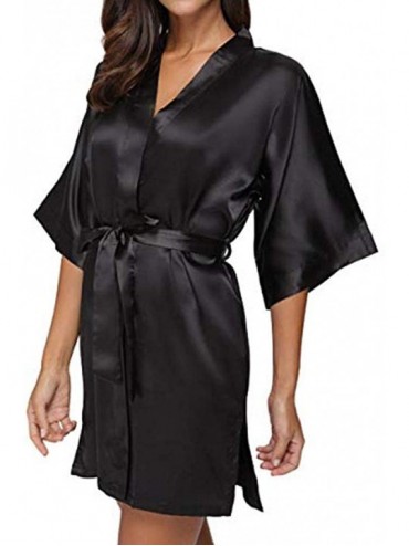 Robes Womens Satin Robe 3/4 Sleeve Sleepwear Soft Kimono Robe Warm Shower Bathrobe Short - Black - CP18HC9AH5L $28.01