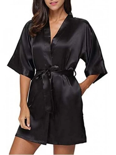 Robes Womens Satin Robe 3/4 Sleeve Sleepwear Soft Kimono Robe Warm Shower Bathrobe Short - Black - CP18HC9AH5L $11.07