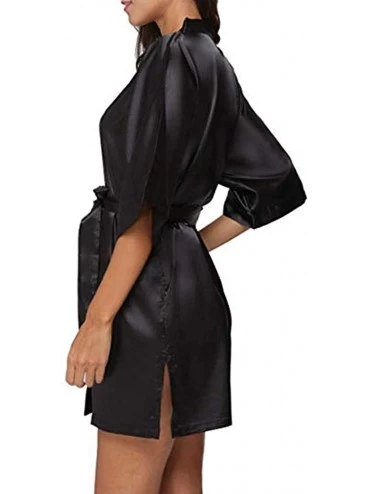 Robes Womens Satin Robe 3/4 Sleeve Sleepwear Soft Kimono Robe Warm Shower Bathrobe Short - Black - CP18HC9AH5L $11.07