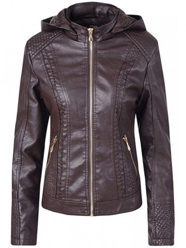 Tops 2019 Autumn and Winter Women's Leather Jacket- Fashion Solid Color Hooded Long-Sleeved Sweater - Coffee - CE18XERZSXT $6...