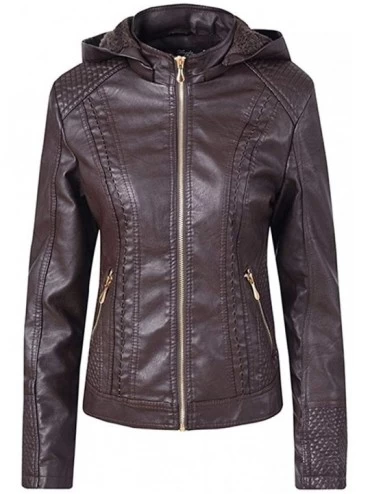 Tops 2019 Autumn and Winter Women's Leather Jacket- Fashion Solid Color Hooded Long-Sleeved Sweater - Coffee - CE18XERZSXT $5...