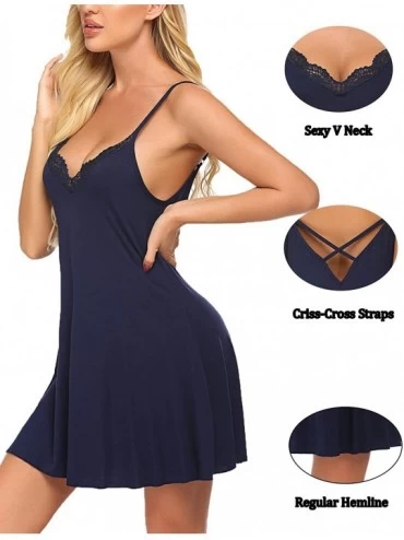 Baby Dolls & Chemises Sexy Nightgowns for Women Sleepwear Lace Chemise Lingerie Full Slip Dress(S-XXL) - Navy Blue - CO198CSQ...
