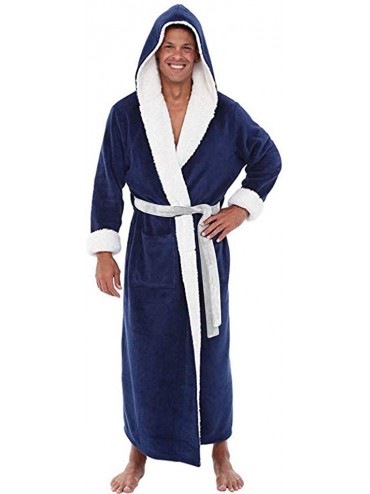 Robes Men's Winter Plush Lengthened Shawl Bathrobe Home Clothes Long Sleeved Robe Coat - Blue - CJ194IZ8I43 $48.49