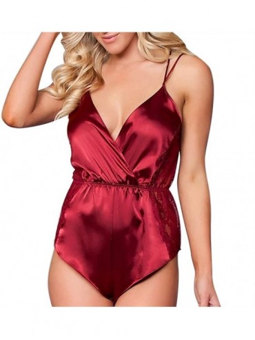 Bustiers & Corsets Fashion Womens Plus Size Sexy Satin Lace Patchwork Lingerie Bodysuit Underwear - Red - CF18SWLOOI2 $26.45