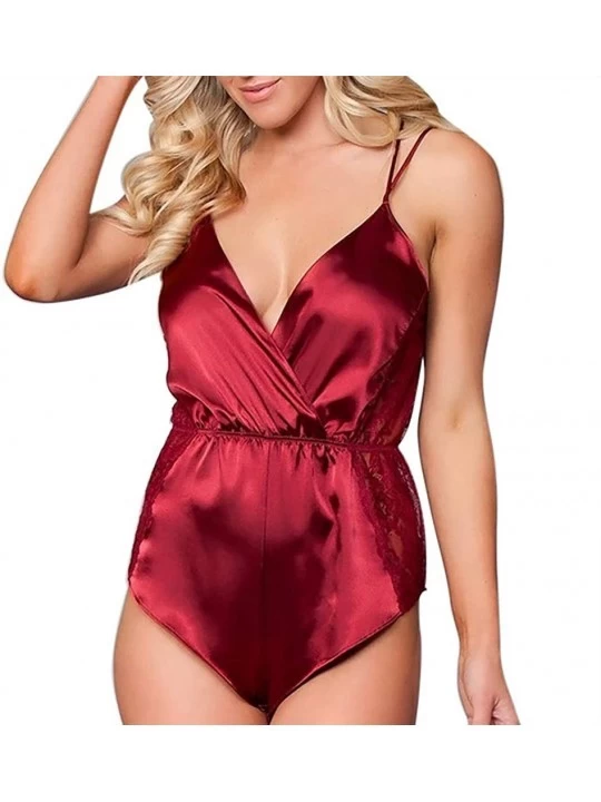 Bustiers & Corsets Fashion Womens Plus Size Sexy Satin Lace Patchwork Lingerie Bodysuit Underwear - Red - CF18SWLOOI2 $13.07