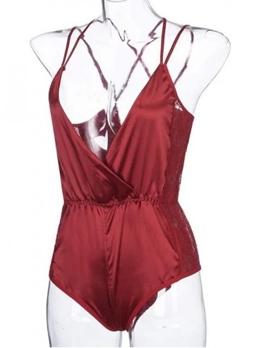 Bustiers & Corsets Fashion Womens Plus Size Sexy Satin Lace Patchwork Lingerie Bodysuit Underwear - Red - CF18SWLOOI2 $13.07