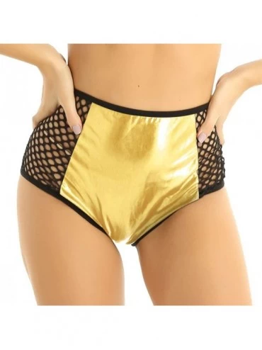Panties Women Wet Look Leather Hologram High Waisted Zipper Crotch Rave Booty Shorts Bottoms - Gold With Fishnet - CD18ZURYC0...