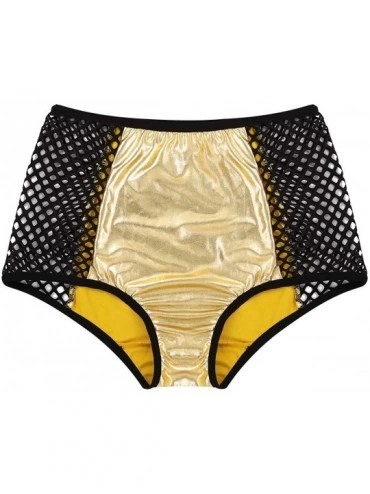 Panties Women Wet Look Leather Hologram High Waisted Zipper Crotch Rave Booty Shorts Bottoms - Gold With Fishnet - CD18ZURYC0...