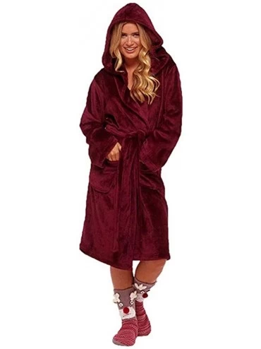 Robes Winter- Women Hooded Bathrobe Plush Shawl Kimono Robe Home Clothes Nightgown Plus Size - Red - CP18NT2QONR $41.15