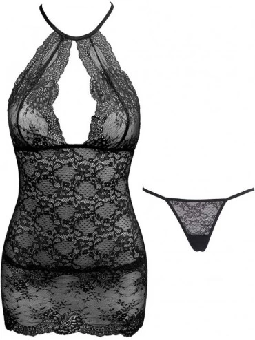 Baby Dolls & Chemises Womens Halter Babydoll Lingerie Set Sexy Lace Sheer Mesh Boudoir Outfits - Black - CJ18QS4G9A7 $18.58