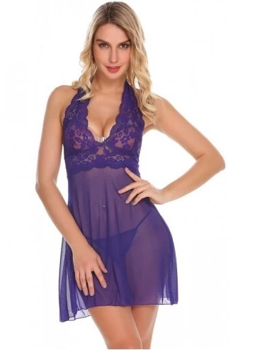 Baby Dolls & Chemises Women's Sexy Babydoll Chemise Lingerie Set Lace Mesh Sleepwear Halter Mini Nightwear - Purple_style-1 -...