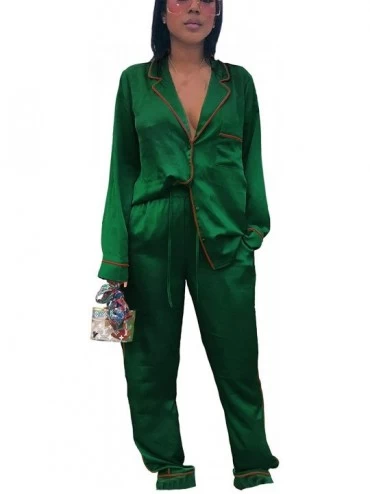 Sets Women Causal 2 Piece Outfits Pajama Sets Button Up Long Sleeve Jacket Top and Pants Set - Green - CX19C9GE92Z $52.84