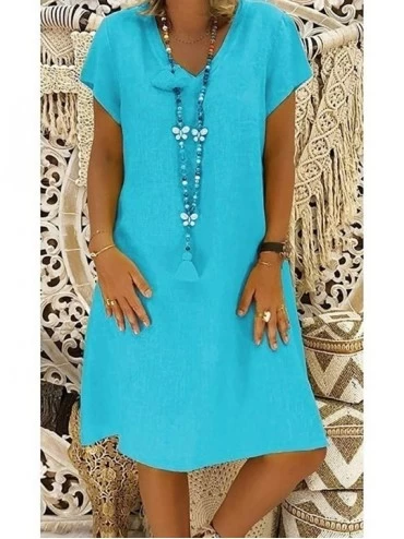 Tops Fashion Linen Dress Womens V-Neck Short Sleeve Solid Color Summer Beach Dress Knee-Length Dresses - Blue - CW194MYE2QO $...