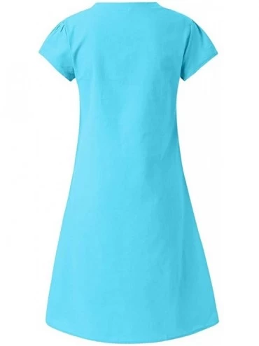 Tops Fashion Linen Dress Womens V-Neck Short Sleeve Solid Color Summer Beach Dress Knee-Length Dresses - Blue - CW194MYE2QO $...